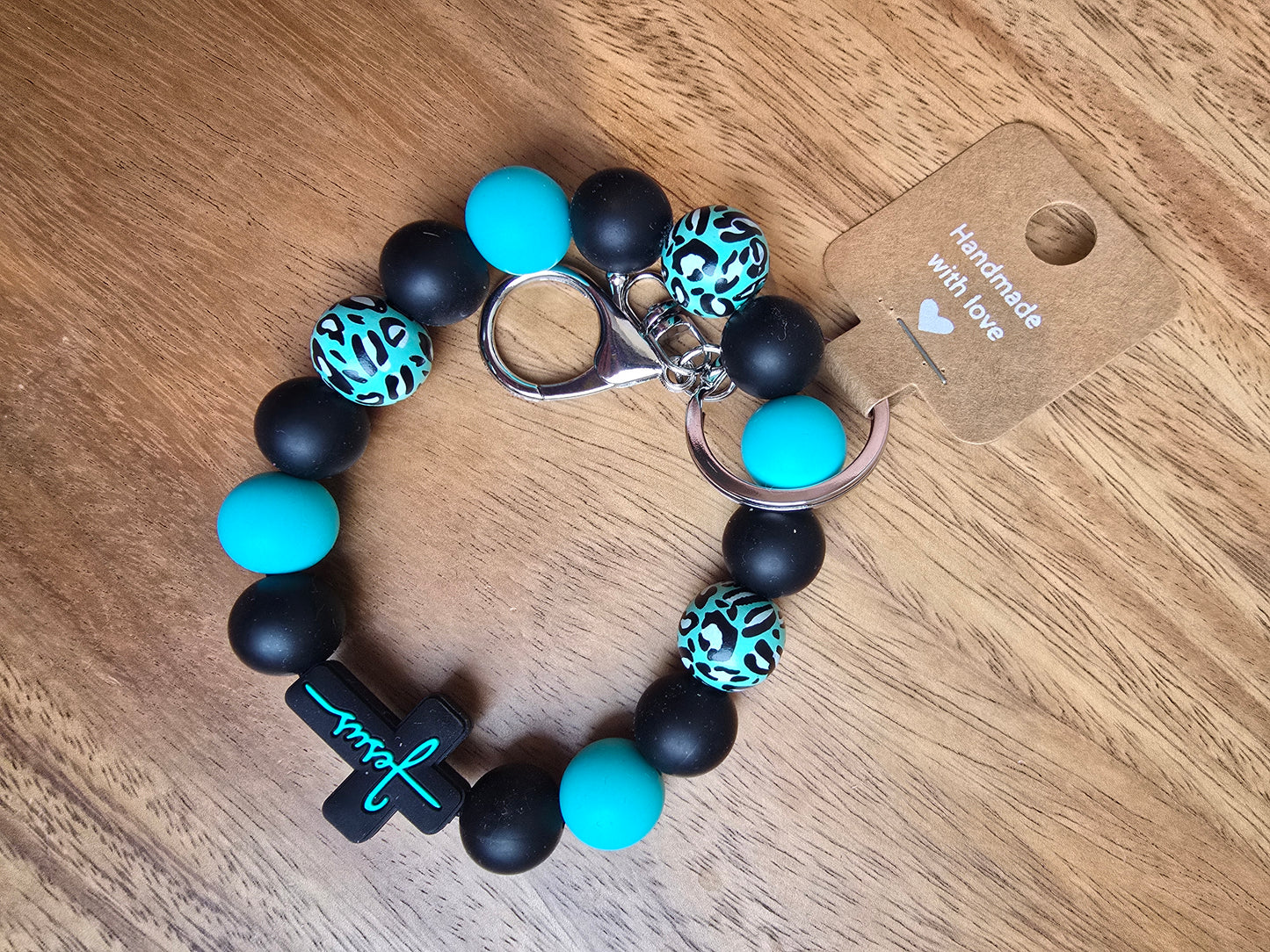 Jesus & Leopard Wristlet Keychain, Aqua & Black Silicone