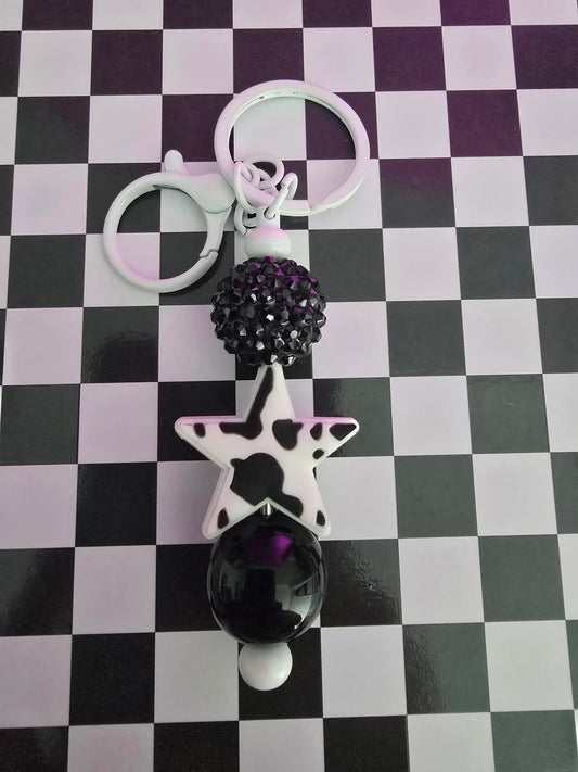 Cowprint Star Beaded Keychain