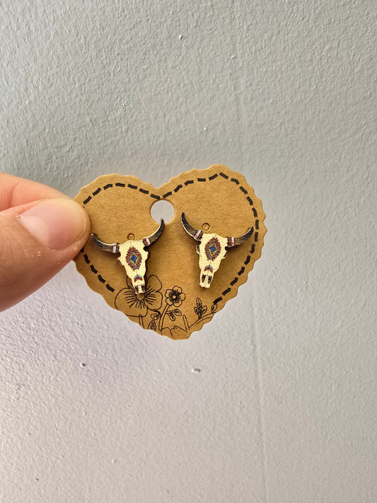 Aztec Steerhead Wood Stud Earrings