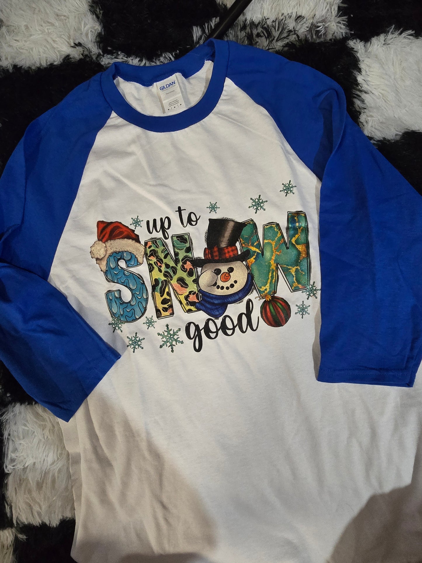 Up to Snow Good Raglan Tee, Blue & White