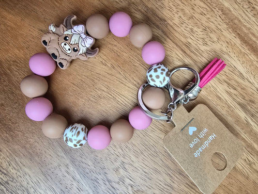 Coquette Cow Keychain Wristlet, Pink Silicone