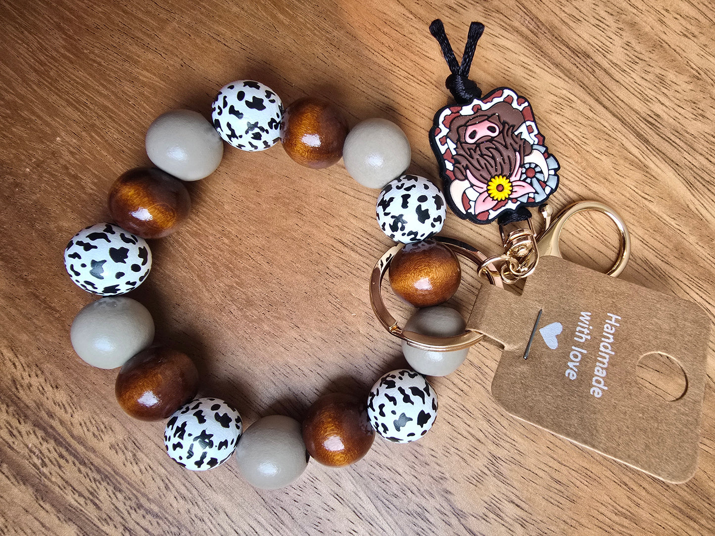 Sunflower Highland Wristlet Keychain, Tan Wood