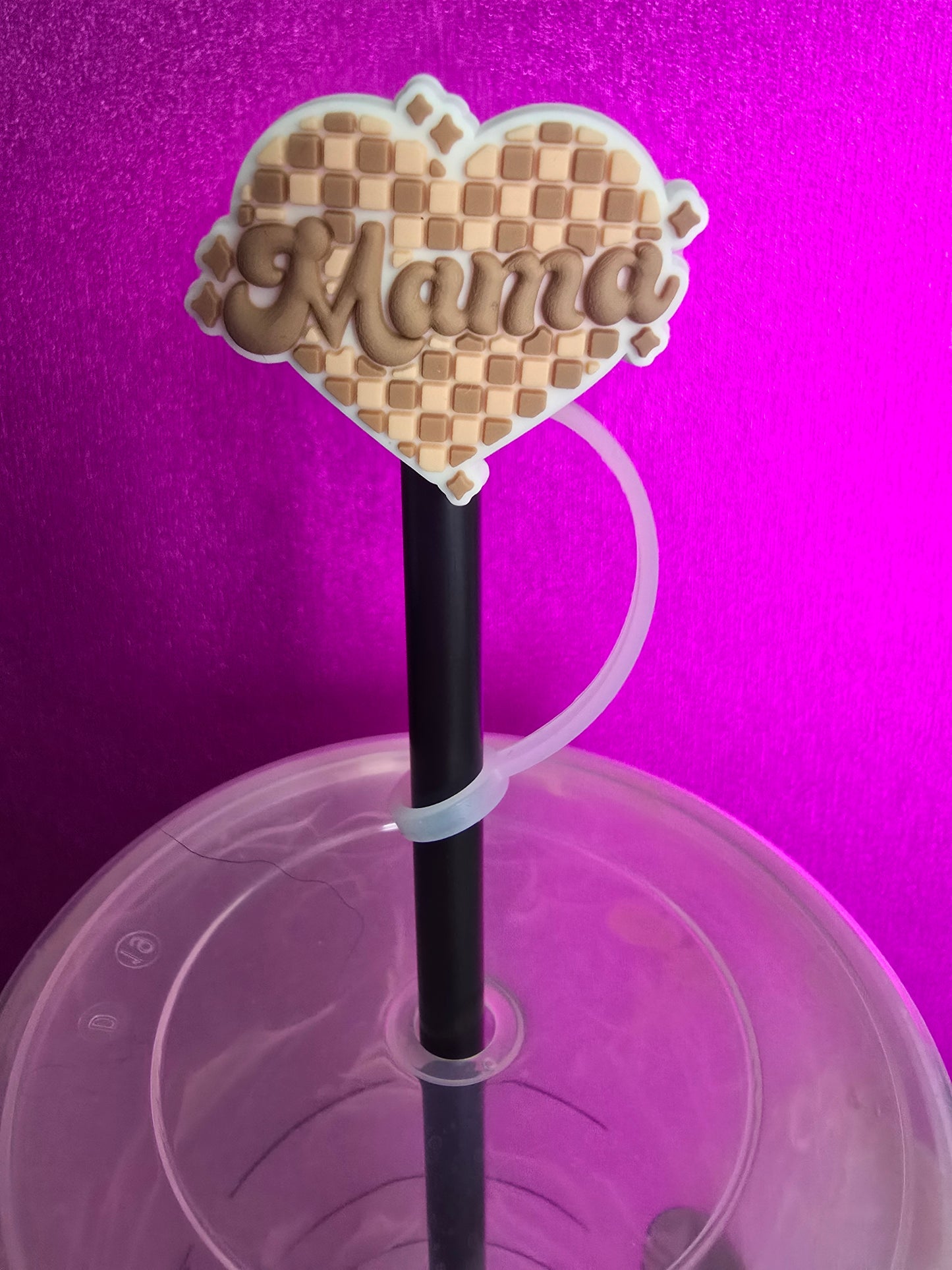Checkered Heart Mama Straw Topper, Brown