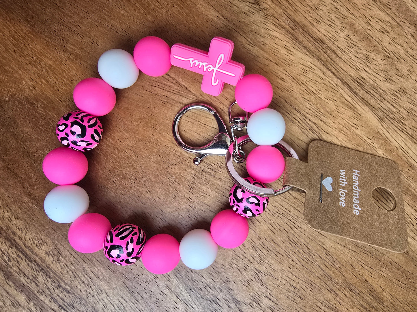 Jesus & Leopard Wristlet Keychain, Pink & White Silicone