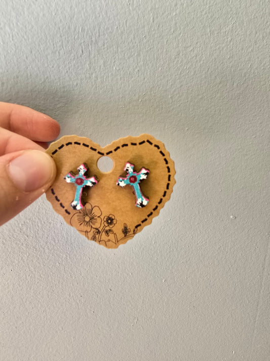 Western Cross Wood Stud Earrings