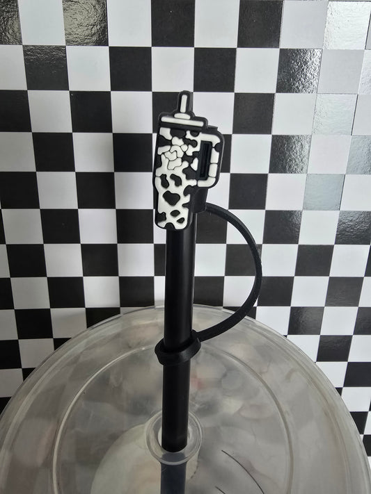 Cowprint Tumbler Straw Topper, White