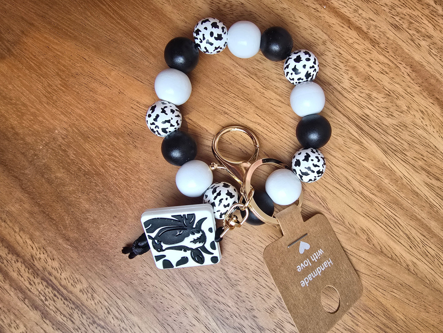 Dairy Cow Wristlet Keychain, Black & White Wood