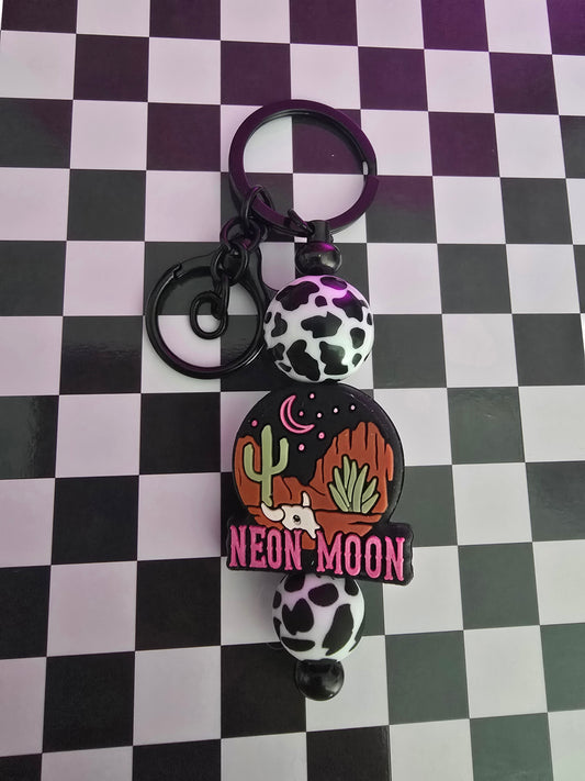 Neon Moon Beaded Keychain, Cow