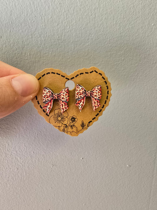 Leopard Bow Wood Stud Earrings