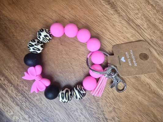 Bows & Leopard Wristlet Keychain, Purple & Black Silicone