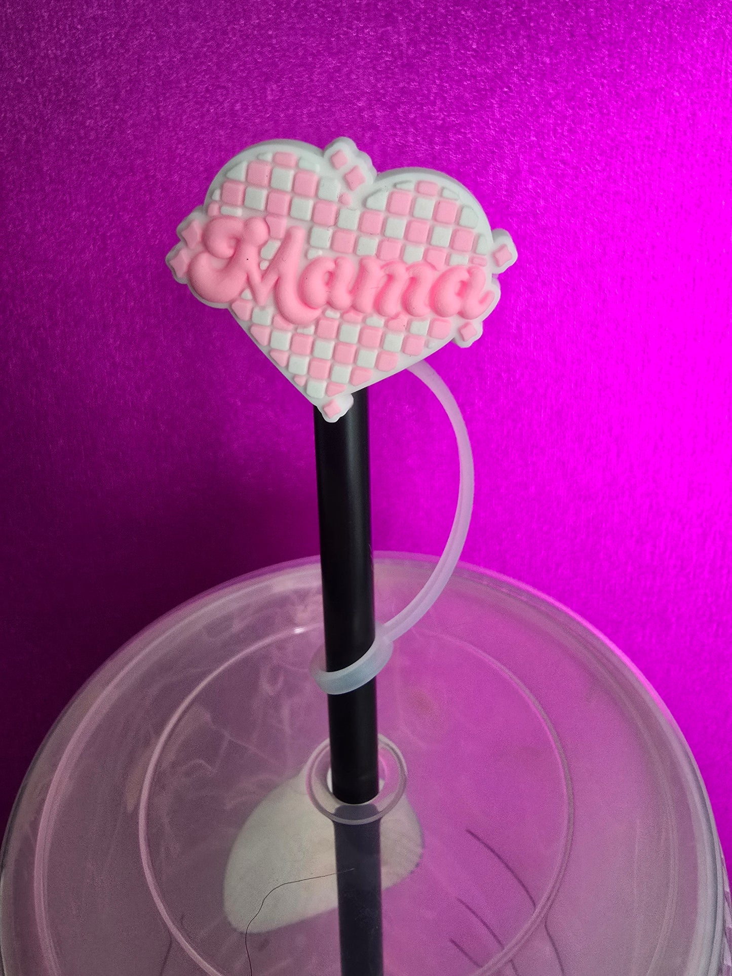 Checkered Heart Mama Straw Topper, Light Pink