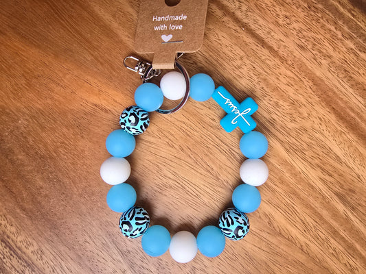 Jesus & Leopard Wristlet Keychain, Blue Silicone
