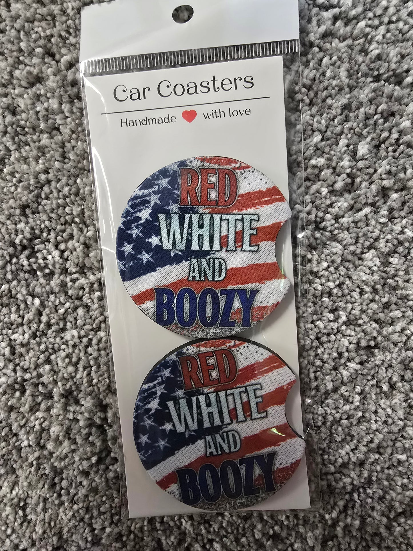 Red, White, Boozey Car Coasters