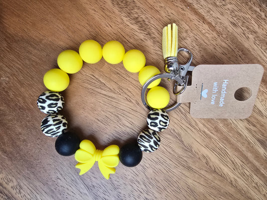 Bows & Leopard Wristlet Keychain, Yellow & Black Silicone